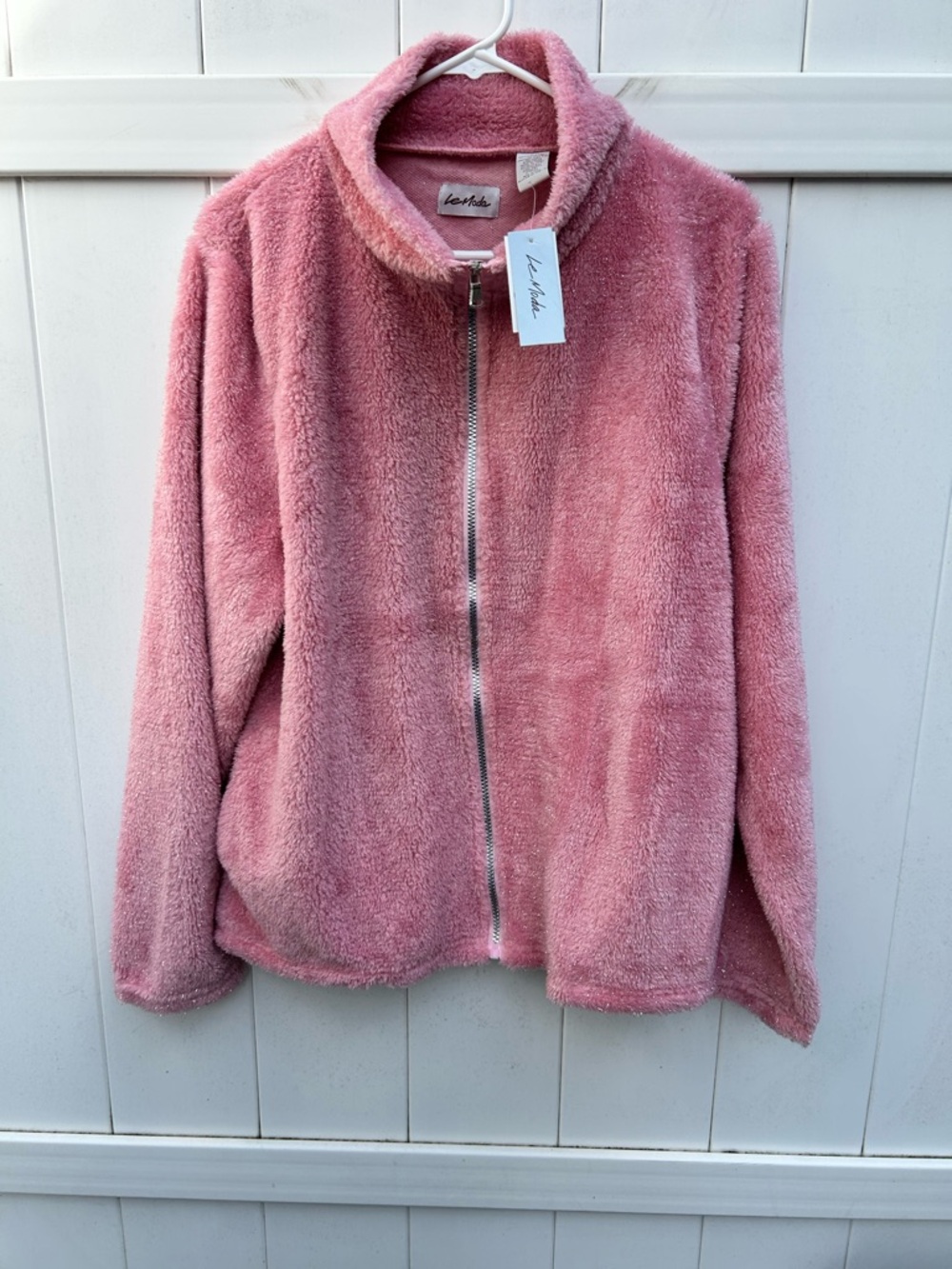 Le Moda Plush Pink Silver Metallic Zip-Up Fleece Jacket NEW w/ tags Size Large